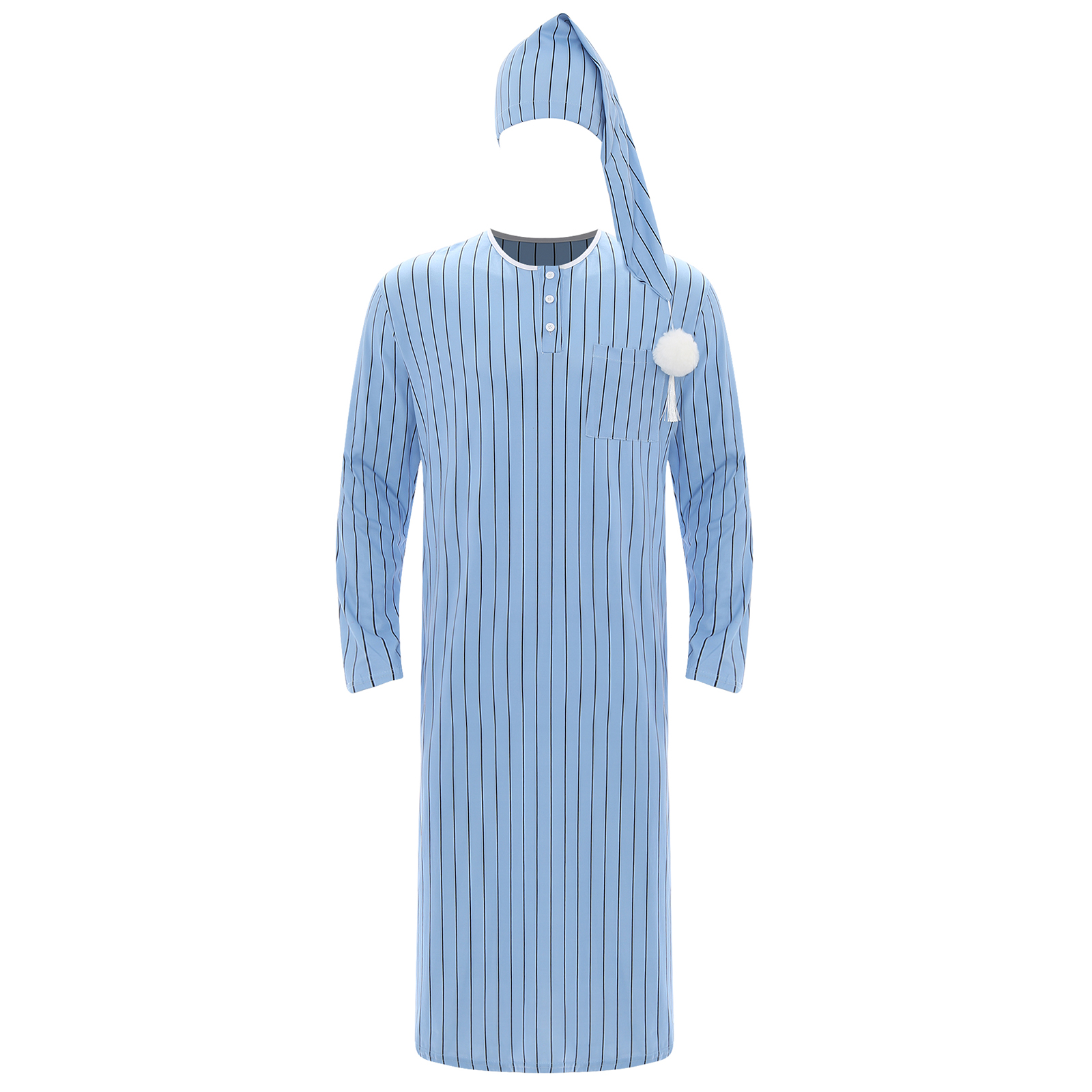 Roupa de dormir masculina sissy listrada, roupão de dormir com chapéu, manga comprida, robe e pompom ajustável, chapéu de dormir, pijama muçulmano árabe