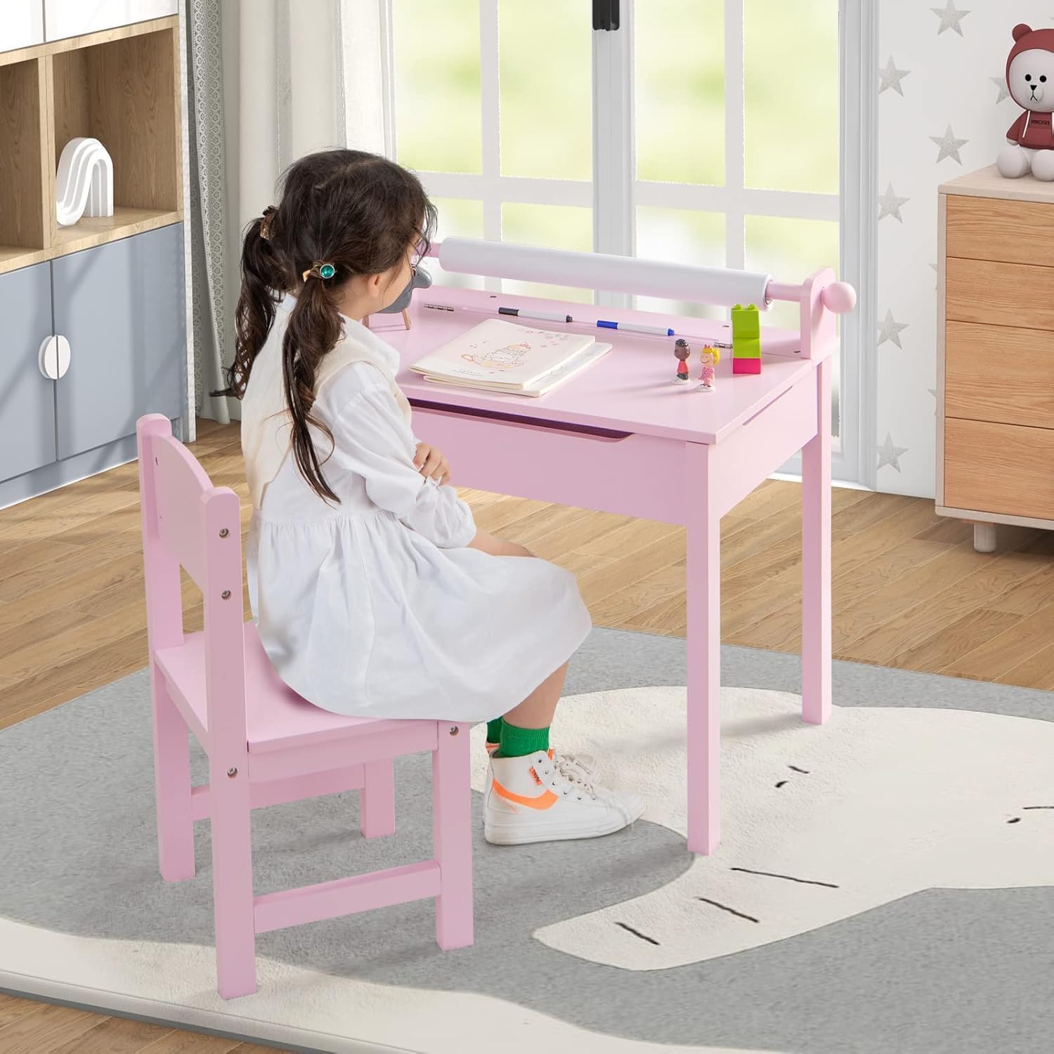 Kinderschreibtisch mit Stuhl, mit Klapptischplatte, mit Papierrollenhalter und Markern, für Kinder ab 3 Jahren (Rosa)