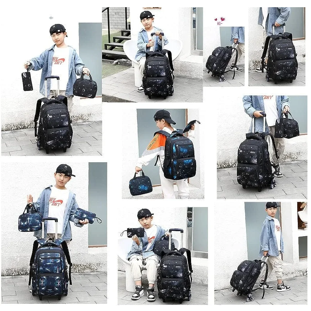 Kinder-Schultasche mit Rollen, rollender Rucksack für Jungen, Schultasche mit Rollen, 6-Räder, Trolley, Büchertasche, Handgepäck mit Lunchtasche