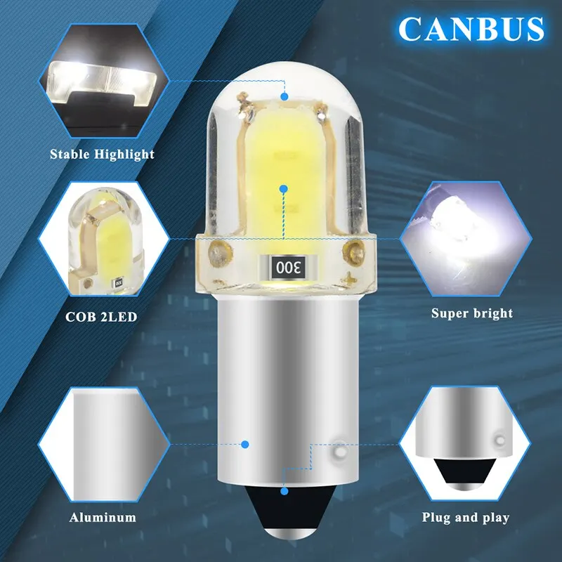 W5W H6W T4W LED สำหรับรถยนต์ BA9S 10x หลอดไฟ LED CANbus cob 2LED ป้ายทะเบียนรถตกแต่งภายในรถโคมไฟสีขาว