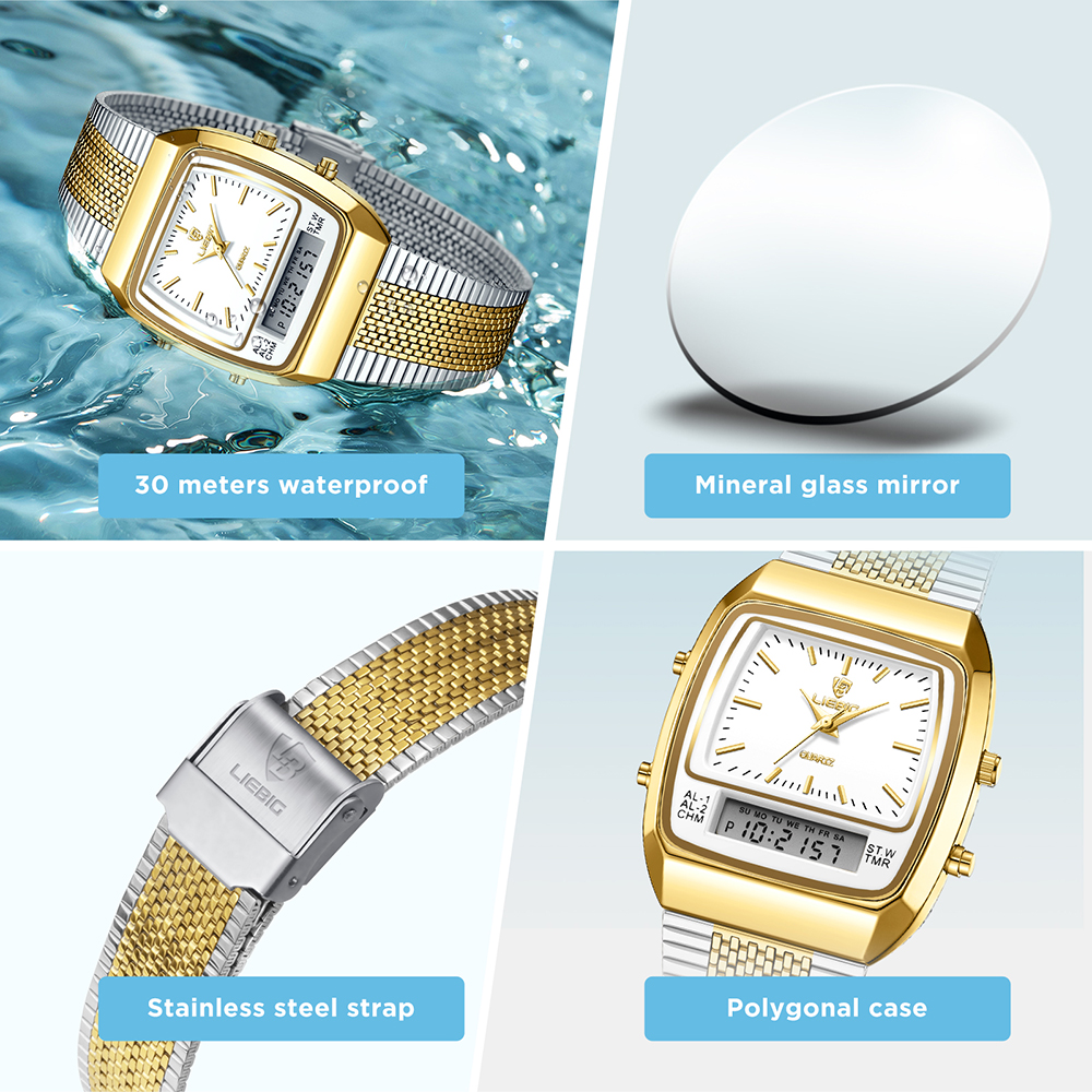 Liebig luxo digital relógios de quartzo para homens moda casual dupla exibição tempo esportes semana 3bar relógios de pulso à prova dwaterproof água