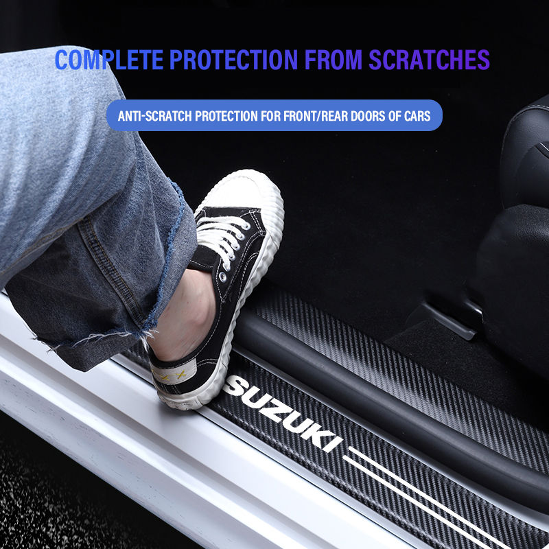 4pcs ประตูรถเกณฑ์คาร์บอนไฟเบอร์ Scuff แผ่นสติกเกอร์สําหรับ Suzuki Swift Grand Vitara Baleno Jimny SX4 รถอุปกรณ์เสริมภายใน