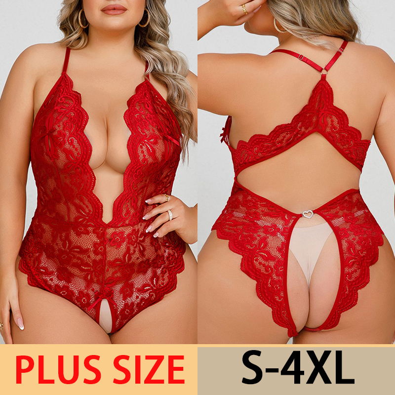 Plus Size Sexy Ouvert Dessous Frauen Spitze Hohl Bodysuit Erotische Pyjamas Teddy Babydoll Kleid Tiefer V Offener BH Unterwäsche Set