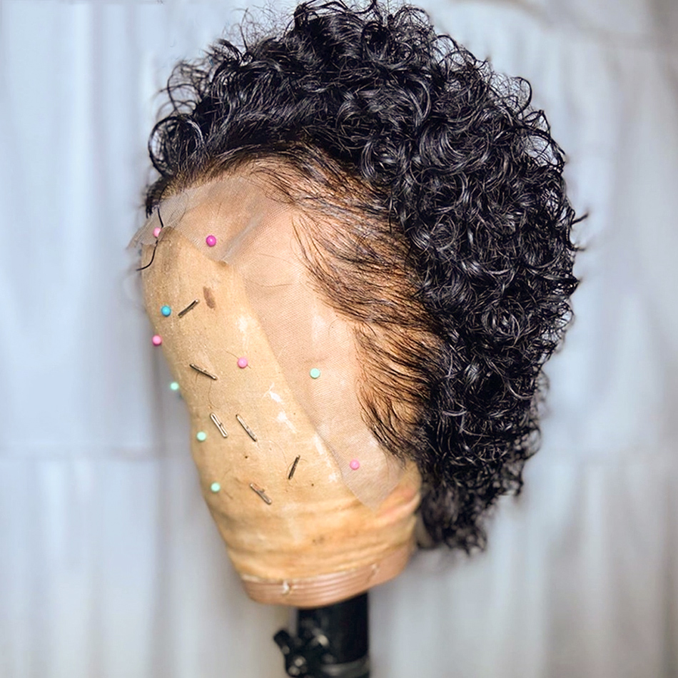 Pixie ตัดวิกผมโปร่งใสลูกไม้ด้านหน้าวิกผมสั้น Kinky Curly Bob วิกผมบราซิล Water Wave วิกผมผมมนุษย์สําหรับผู้หญิง