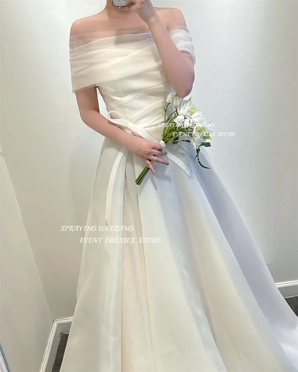裸の肩,オーガンザ,地面の長さ,プリーツ,コルセット,カスタマイズされた韓国の結婚式の写真撮影ドレス,SPRAYING-Aラインのブライダルガウン