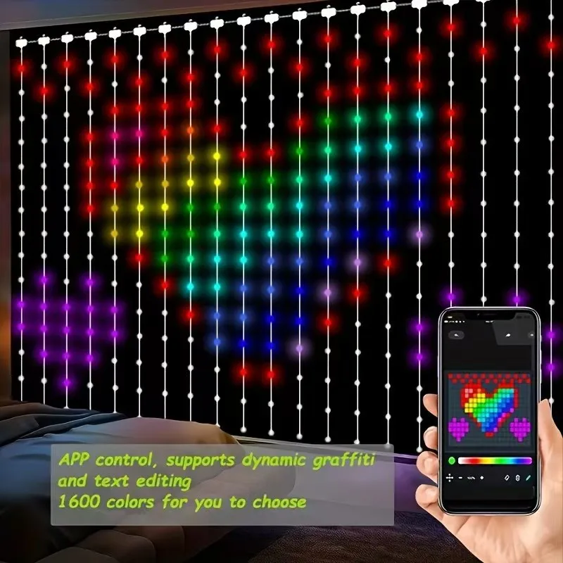 Guirnalda de luces con Control inteligente Bluetooth, cortina de luces RGBIC, cadena de luces LED con Control remoto USB, aplicación para decoraciones de habitaciones