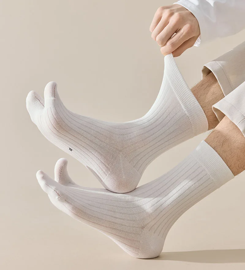 Casual Vertical Striped Middle Tube 2 Toe Socks For Men Solid Color Thumb Split Toe Socks Spring Autumn Elastic Two Toes Socks