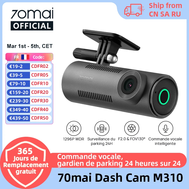 70mai-Caméra de tableau de bord M310, vision nocturne 2024 P, ouverture F2.0, DVR de voiture, moniteur de stationnement 24H, WiFi, contrôle d'application, nouveau, 1296