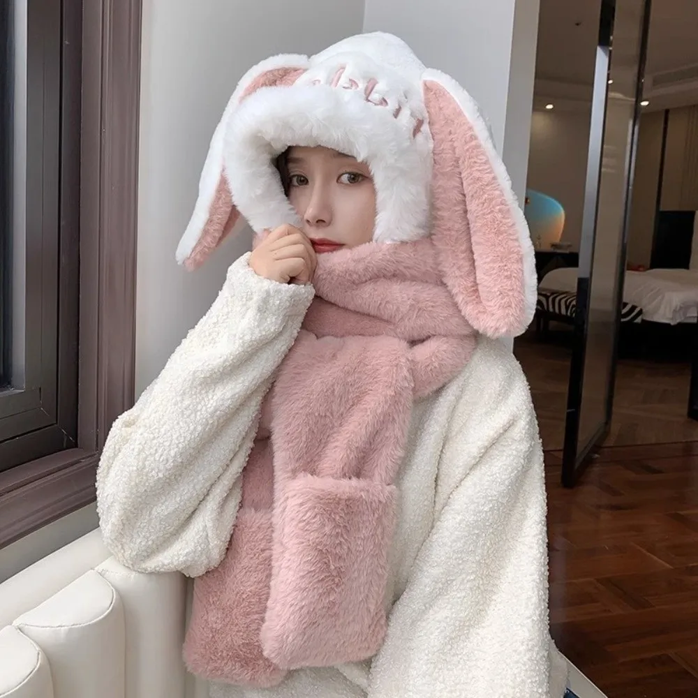 Cute 3-in-1 Hooded Scarf Thicken Plush Keep Warm Plush Scarf Ear Protection Windproof Winter Hat Women Girls