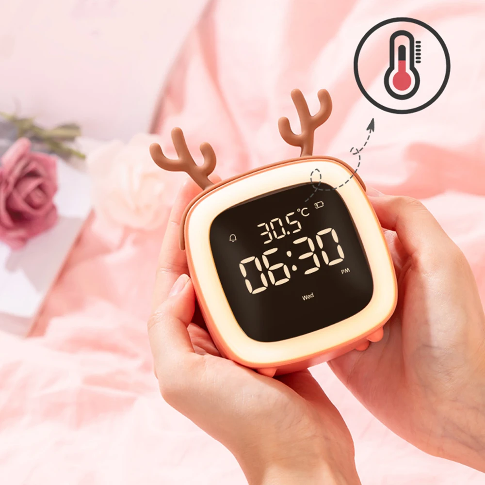 Veilleuse LED aste de dessin animé, réveil de chambre d'enfants avec Therye.com, cadeau d'anniversaire d'étudiant, lampe de cerf de chevet de chambre à coucher