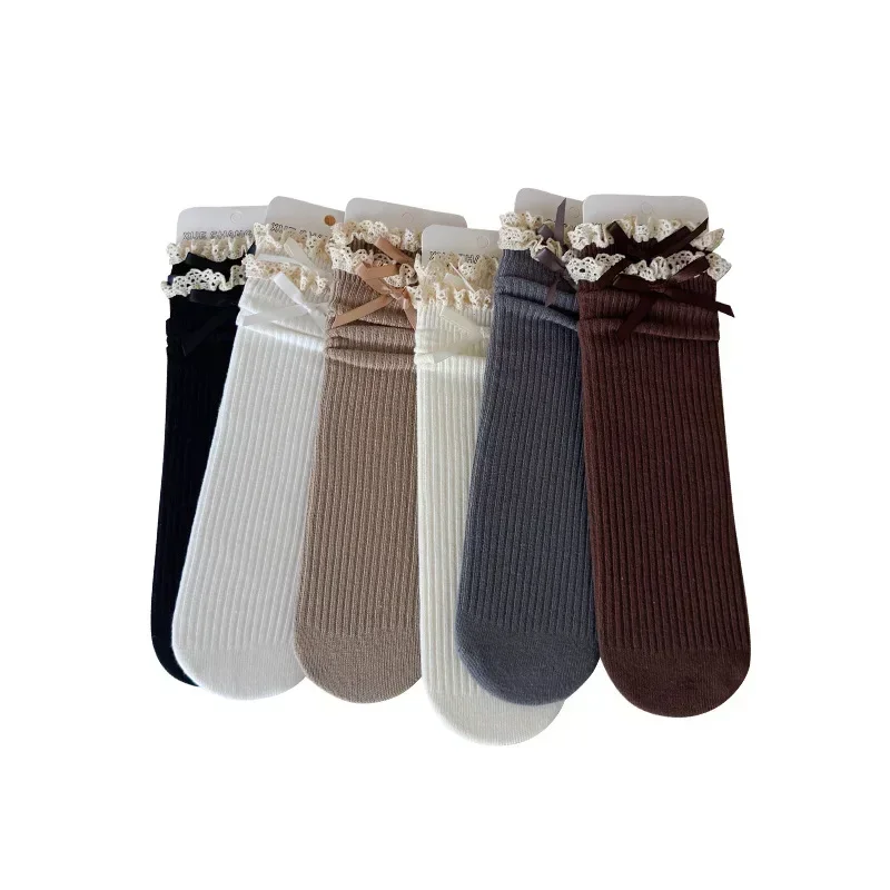 Calcetín de princesa para niños pequeños, calcetín Retro de encaje con volantes y lazo hasta la pantorrilla para niños, calcetín escolar de algodón suave para primavera y otoño