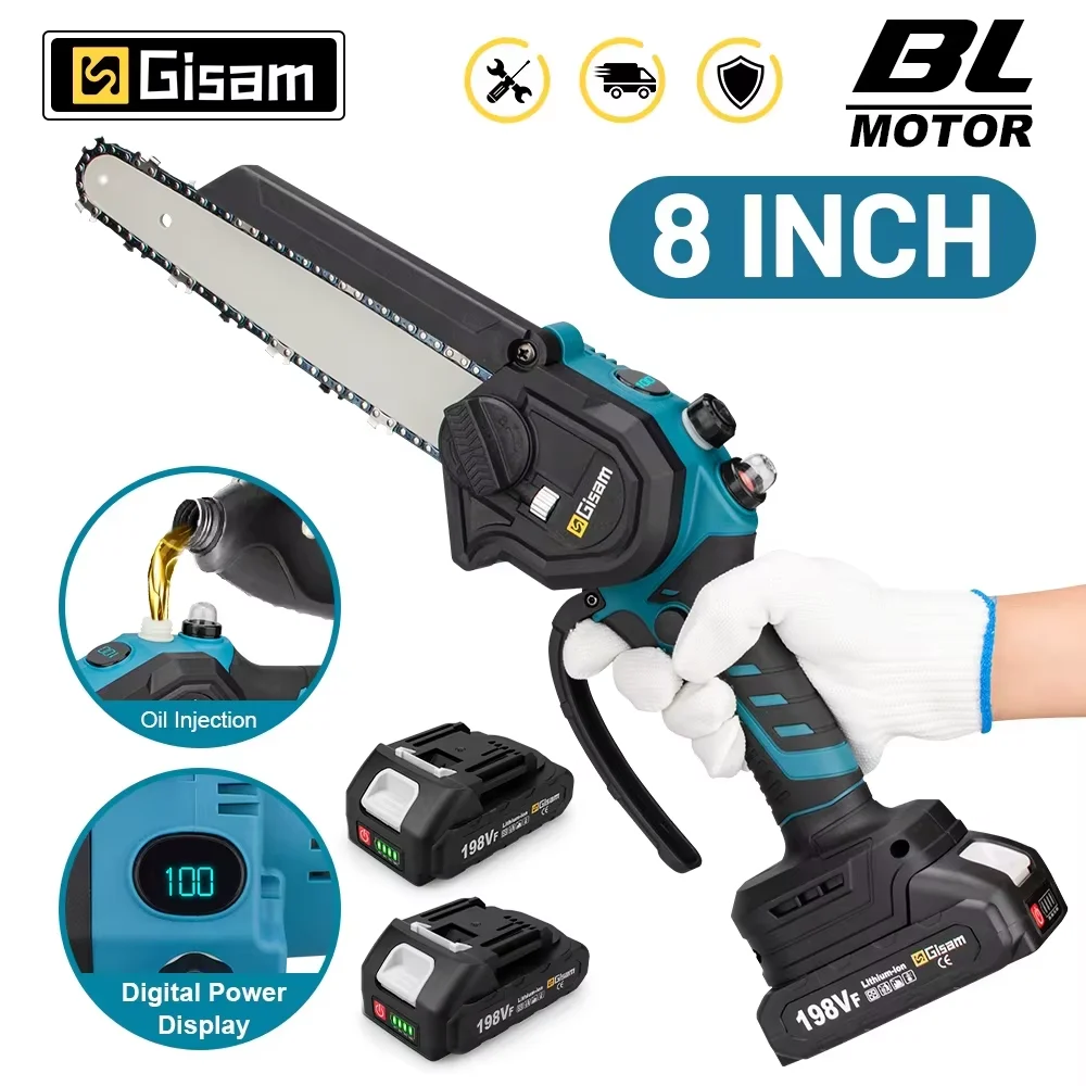 8 Inch Brushless Electric Chain Saw Cordless Woodworking Handheld Pruning Saw Garden Cutting Tool for Makita 18V Battery Pins