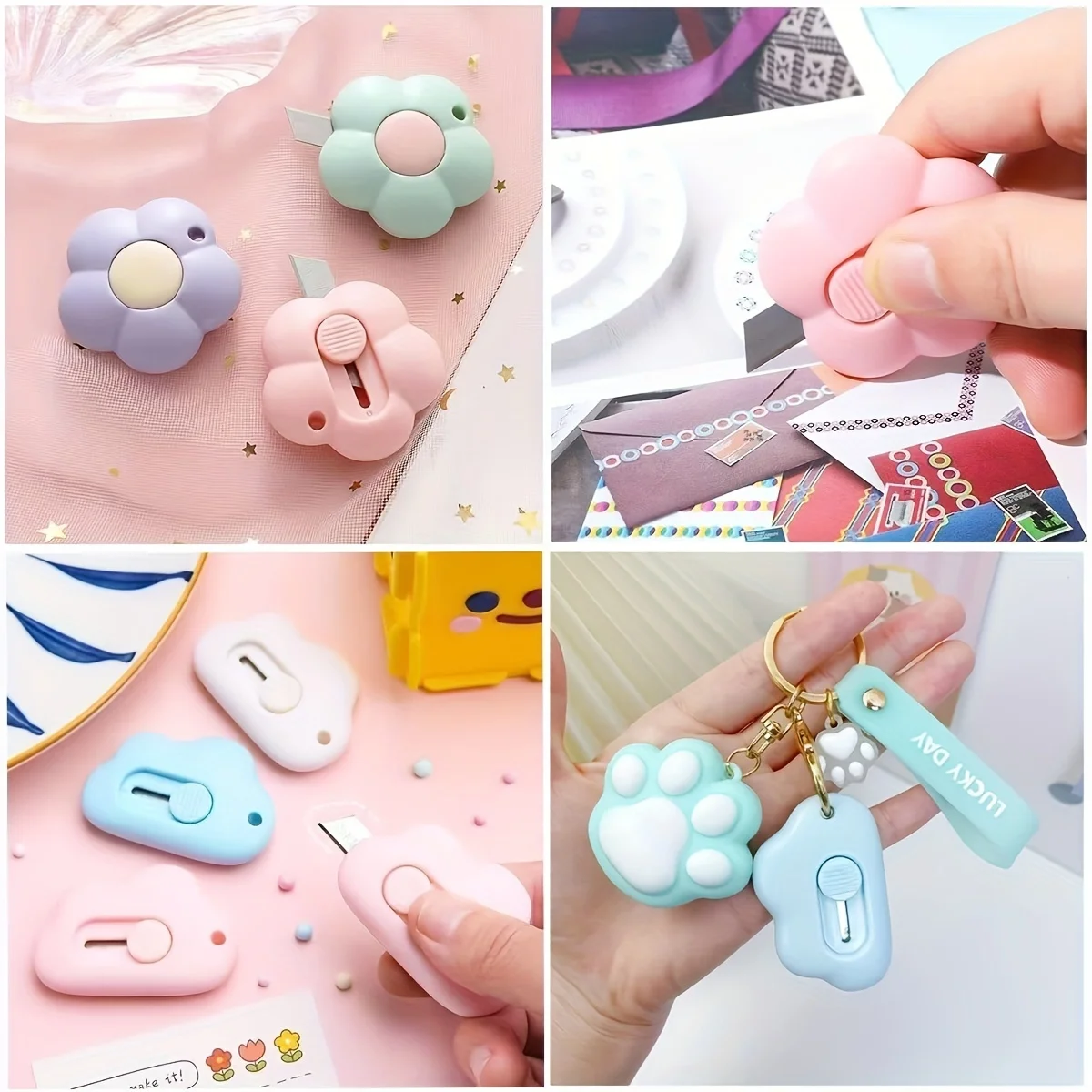 Taglierina per scatola di coltelli multiuso retrattile tascabile portatile a forma di nuvola da 6 pezzi con foro per portachiavi