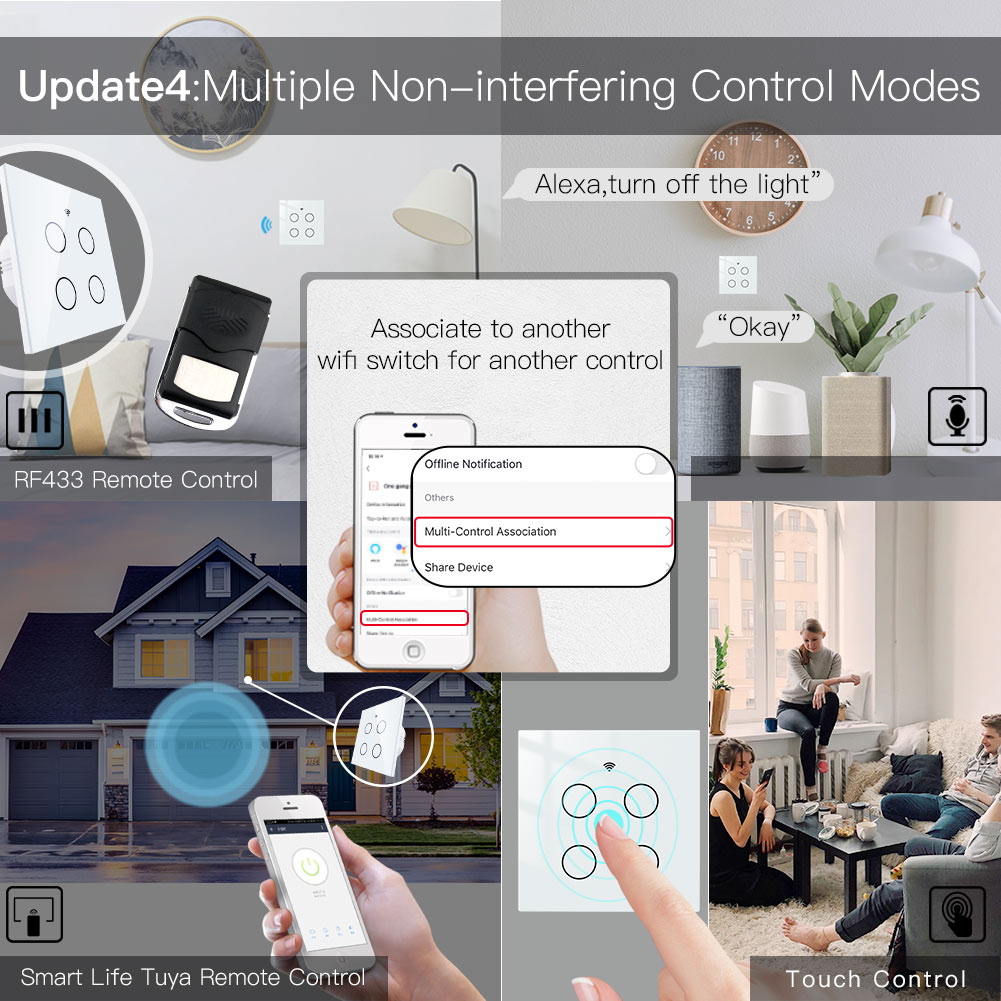 Sakelar Panel Kaca 4 Gang Pintar WiFi Kehidupan Pintar/Aplikasi Tuya Kontrol Suara Asosiasi Multi-kontrol dengan Alexa Google 2/3 Way EU
