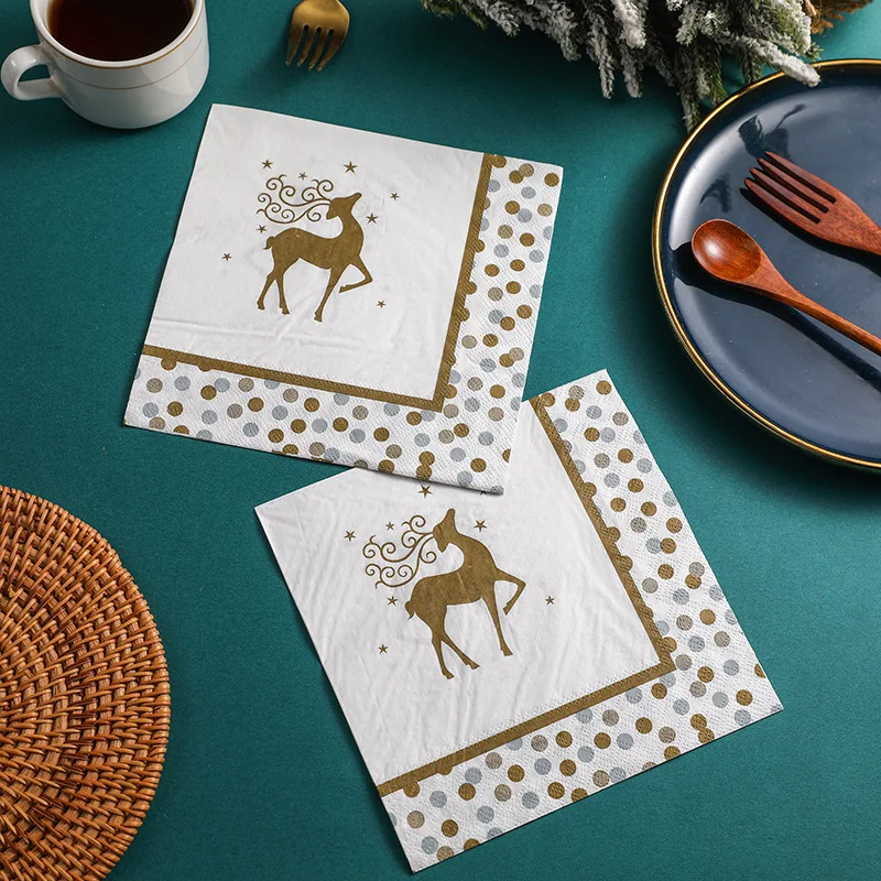골든 엘크 골드 트리밍 물방울 무늬 프린트 흰색 종이 플레이스매트, 분위기 장식 종이, 2 겹 크리스마스 냅킨, 33cm, 10 개, 20 개