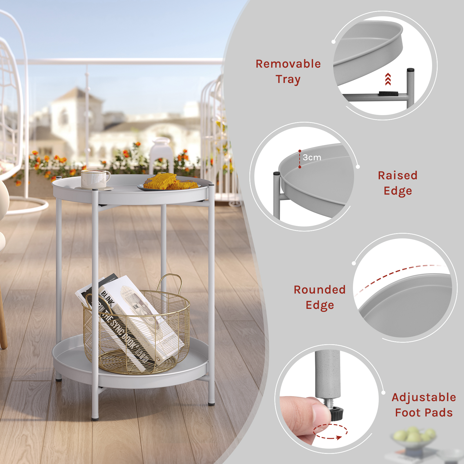WOLTU Okrągły stolik kawowy Metalowy stolik boczny z miejscem do przechowywania 2 wyjmowane tace Stolik nocny do sypialni Wystrój salonu