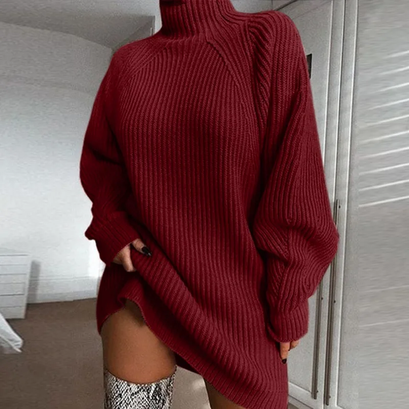 Frauen Einfarbig Lose Gestrickte Kleid 2023 Herbst Winter Neue Kleid Pullover Frauen Langarm Rollkragen Pullover Kleid Pullover