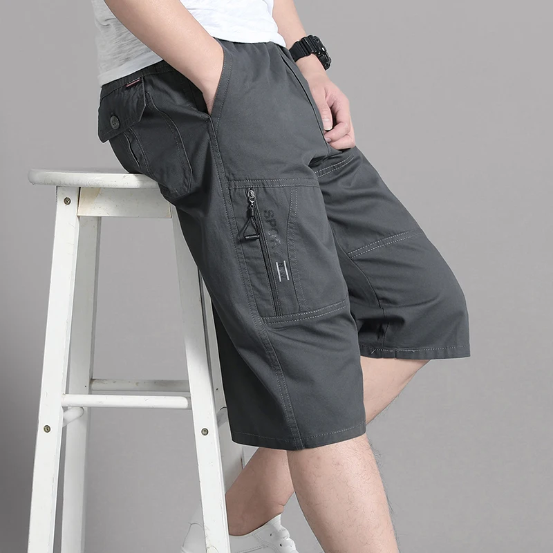 Calções de carga dos homens calças de joelho bolso com zíper verão shorts de algodão escalada jogger cintura elástica esportes wear casual calças curtas