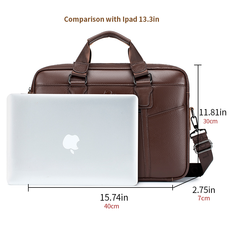 Leren aktetas voor heren, computerhandtas van koeienhuid, crossbody zakelijke tas met grote capaciteit, bagageriem aan de achterkant