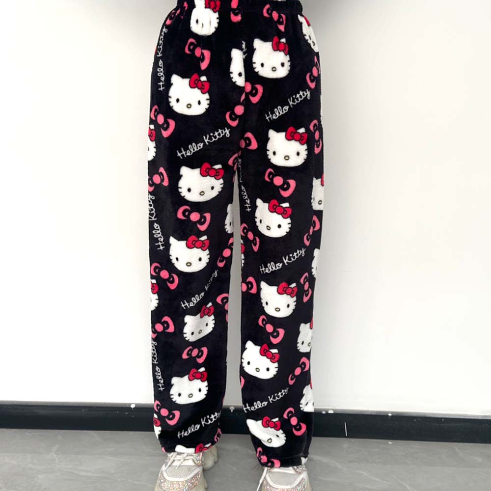 Hello Kitty Pyjamahose Y2K Anime Cartoon Kawaii Mode Lässig Flanell Warme Wolle Herbst Winter Erwachsene Mädchen Hose Heimhose