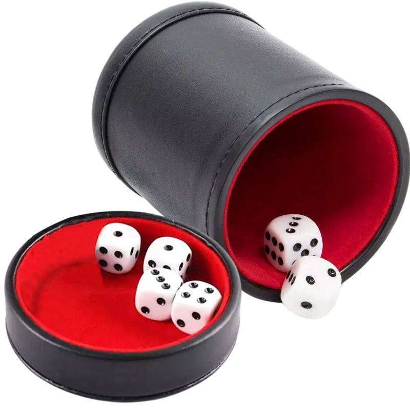 Taza de dados de cuero con tapa, forro verde y rojo, Interior silencioso en sacudidas para Liars, dados, juegos de mesa Farkle Yahtzee con dados de 5 uds.