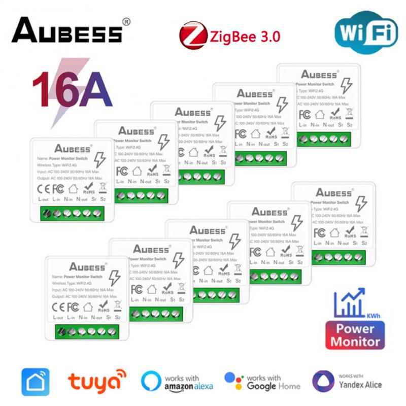 Aubess Tuya Zigbee Hay Công Tắc WiFi Năng Lượng Màn Hình 16A 2 Module Với Alice Alexa Google Home Cuộc Sống Thông Minh Ứng Dụng giám Sát Điện Năng