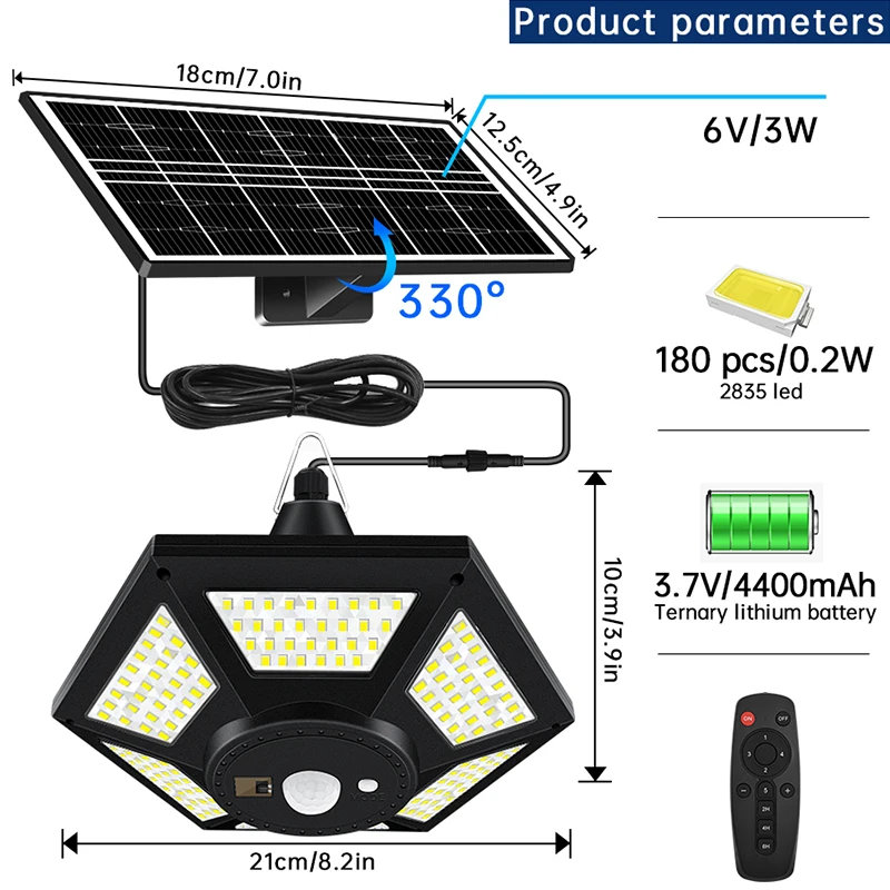 Lámpara Solar Colgante para Interiores y Exteriores, Luz con Mando a Distancia, Sensor de Movimiento, Foco para Garaje, Patio, Almacén, 180 Ledes, 5 Modos de Iluminación