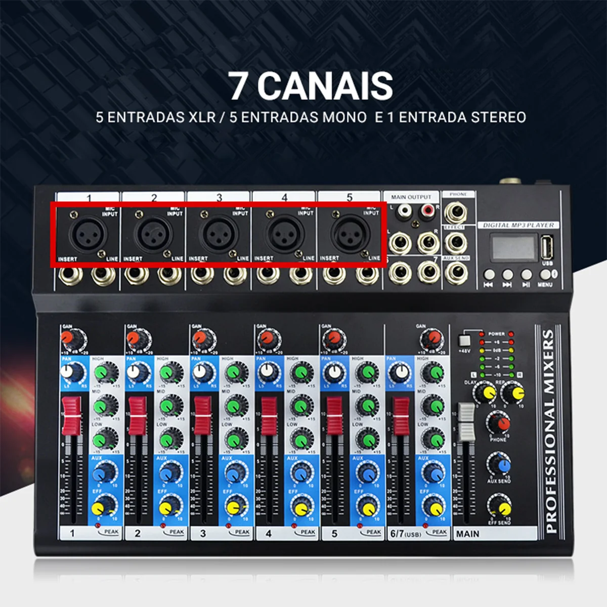 Vedo mixer portátil profissional de 7 canais, console de mixagem de som, reprodução de computador, mini mixer de áudio, transmissão de podcast