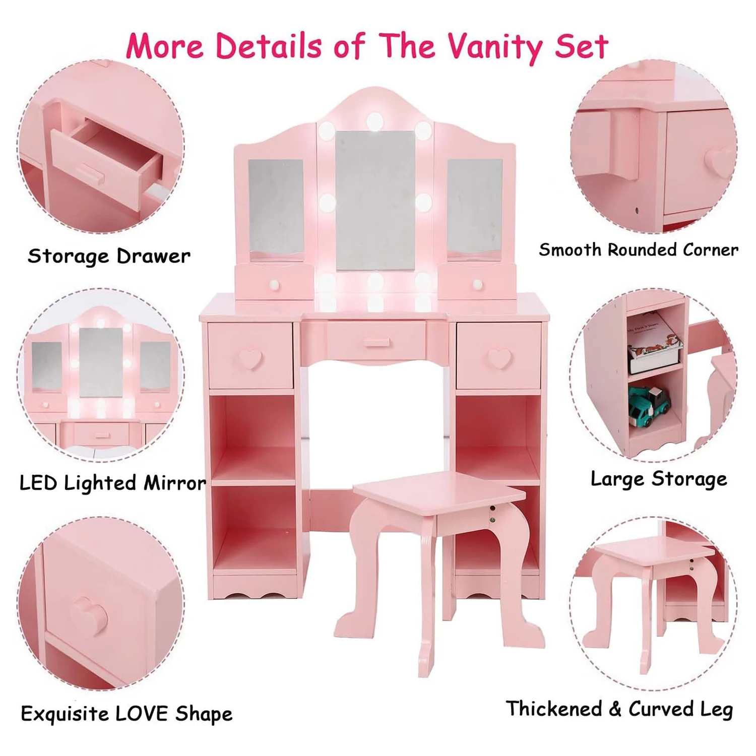 Toeletta per bambini Vanity per ragazze con specchio triplo pieghevole Scaffali aperti Set da gioco per trucco con sedia per bambini piccoli