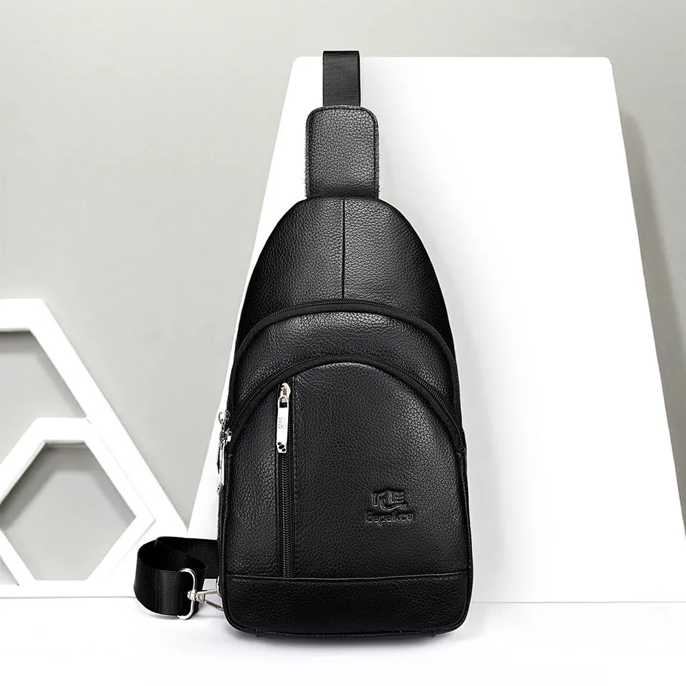 Bolsa de peito de couro genuíno masculina com alça de ombro ajustável grande capacidade portátil bolsa crossbody de negócios