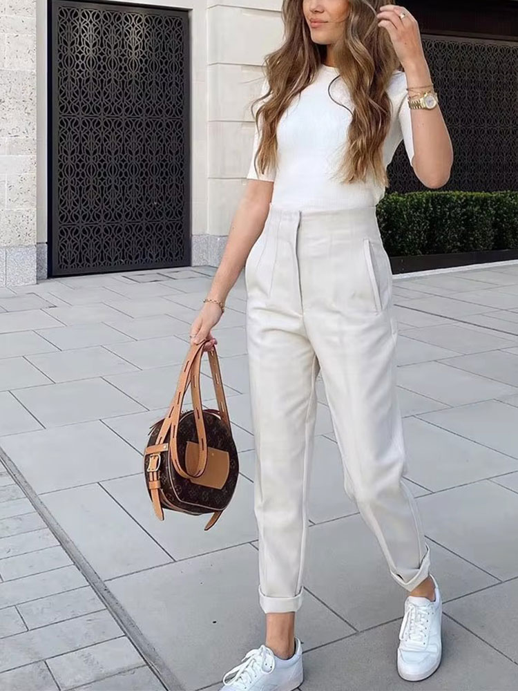 HH Pantaloni a matita solidi eleganti da donna Pantaloni a vita alta per donna Pantaloni casual da donna streetwear Abbigliamento da ufficio Pantaloni chic