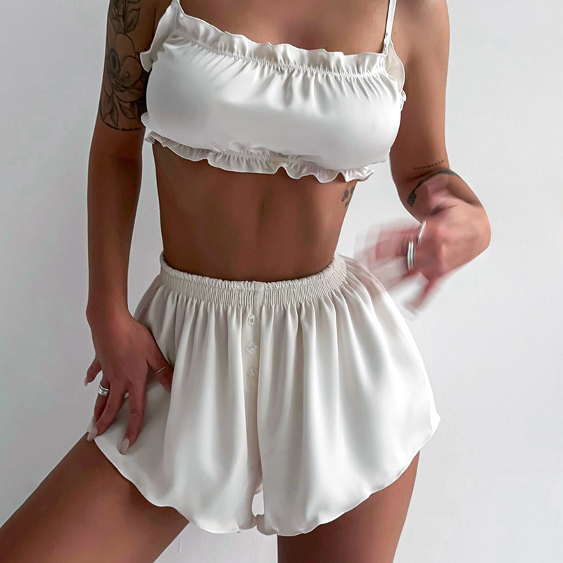 Traje de pijama para mujer, camisón con cordones, Top corto Sexy, camisetas sin mangas, conjunto de ropa de dormir, pantalones cortos, ropa de dormir Sexy negra de verano 2024