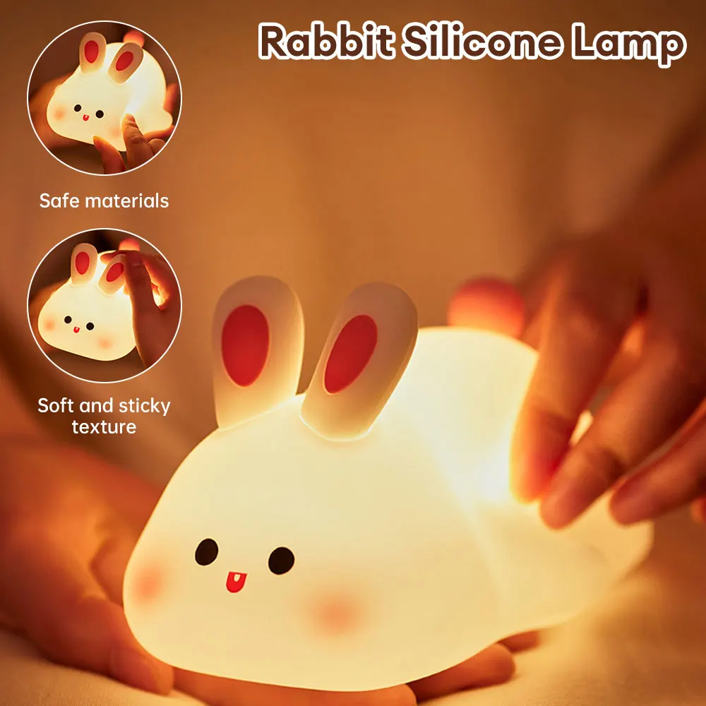 Lampka nocna LED Cute Big Face Rabbit Night Light Kid Touch Sensor Timing USB Akumulator na prezenty urodzinowe Wystrój sypialni