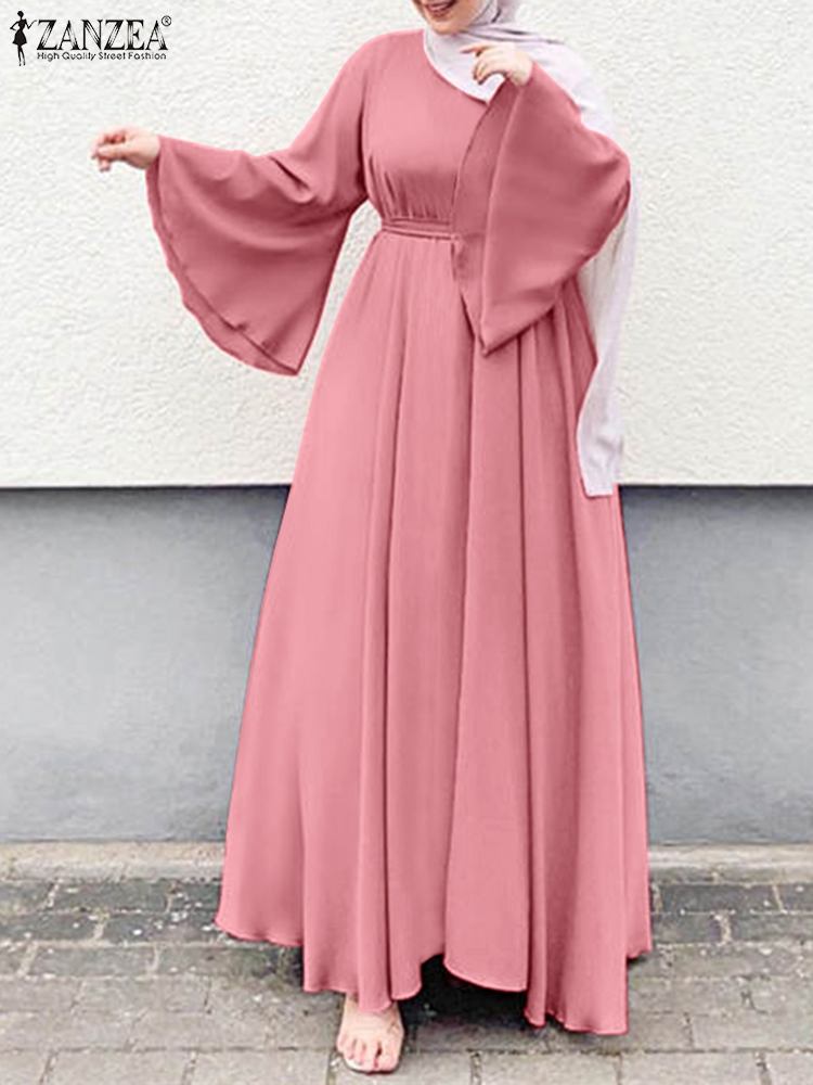 ZANZEA Frauen Muslimischen Maxi Kleid Einfarbig Oansatz Langarm Türkische Abaya Robe Mode Lässig Elegante Party Übergroßen Vestidos