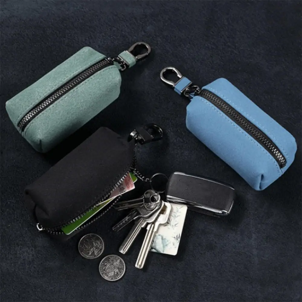 Portable Keychain Wallet for Men Women Large-Capacity Double Zipper Key Pouch Bag Suede Leather Key Case Unisex Coin Purse
