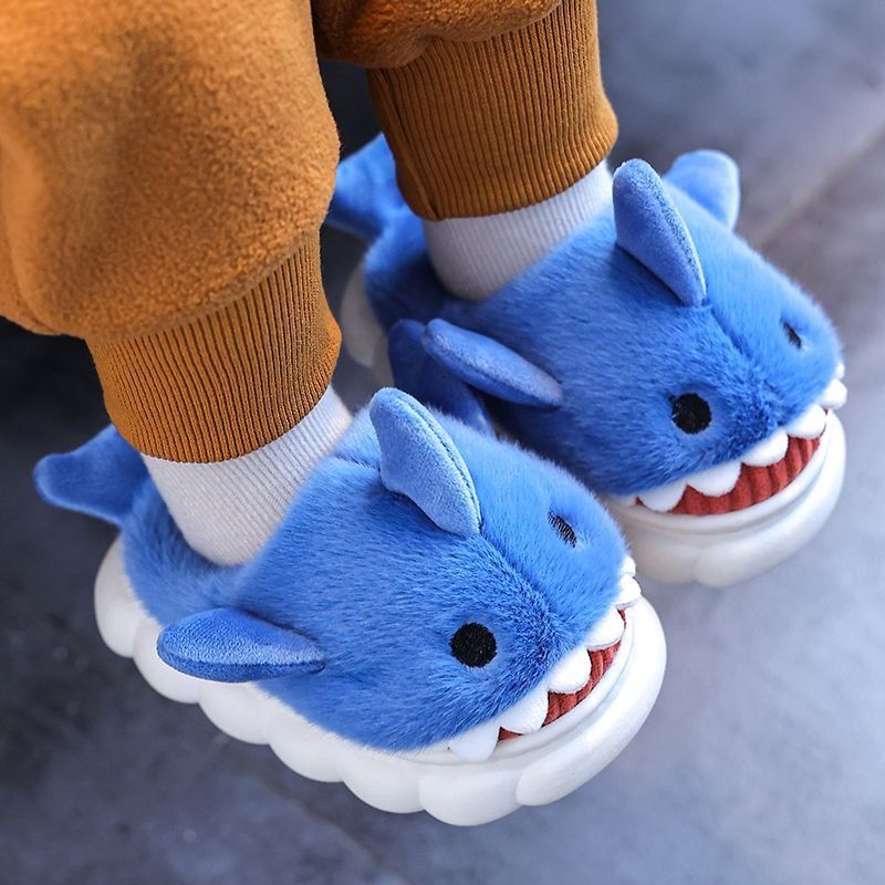 Neue Nette Cartoon Warme Shark Flauschigen Hausschuhe Baby Winter Innen Baumwolle Schuhe Für Mädchen Hause kinder Nicht-slip Mule Für Kinder Junge