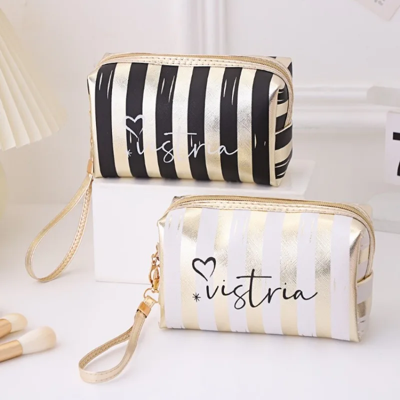Bolsa de maquillaje portátil a rayas, tamaño pequeño, bolso de alto valor, mini bolsa de almacenamiento de maquillaje portátil, bolsa impermeable para mujer cs014