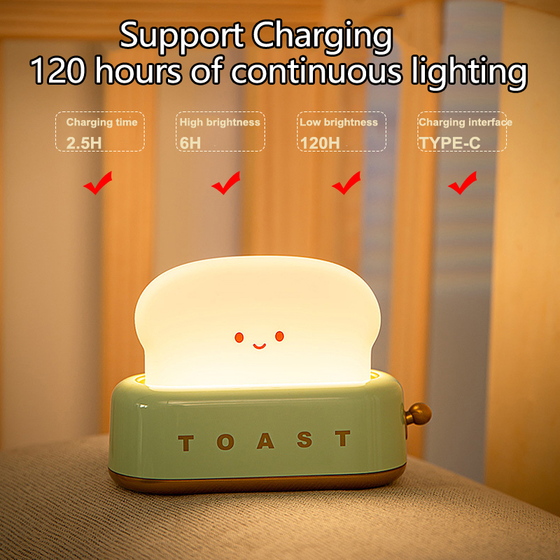Rechargeable Cute Toaster Night Light - Toast Shape Bedside Lamp with Smile Face,Dimmable Desk Decor,Bedroom,Living Room,Gift