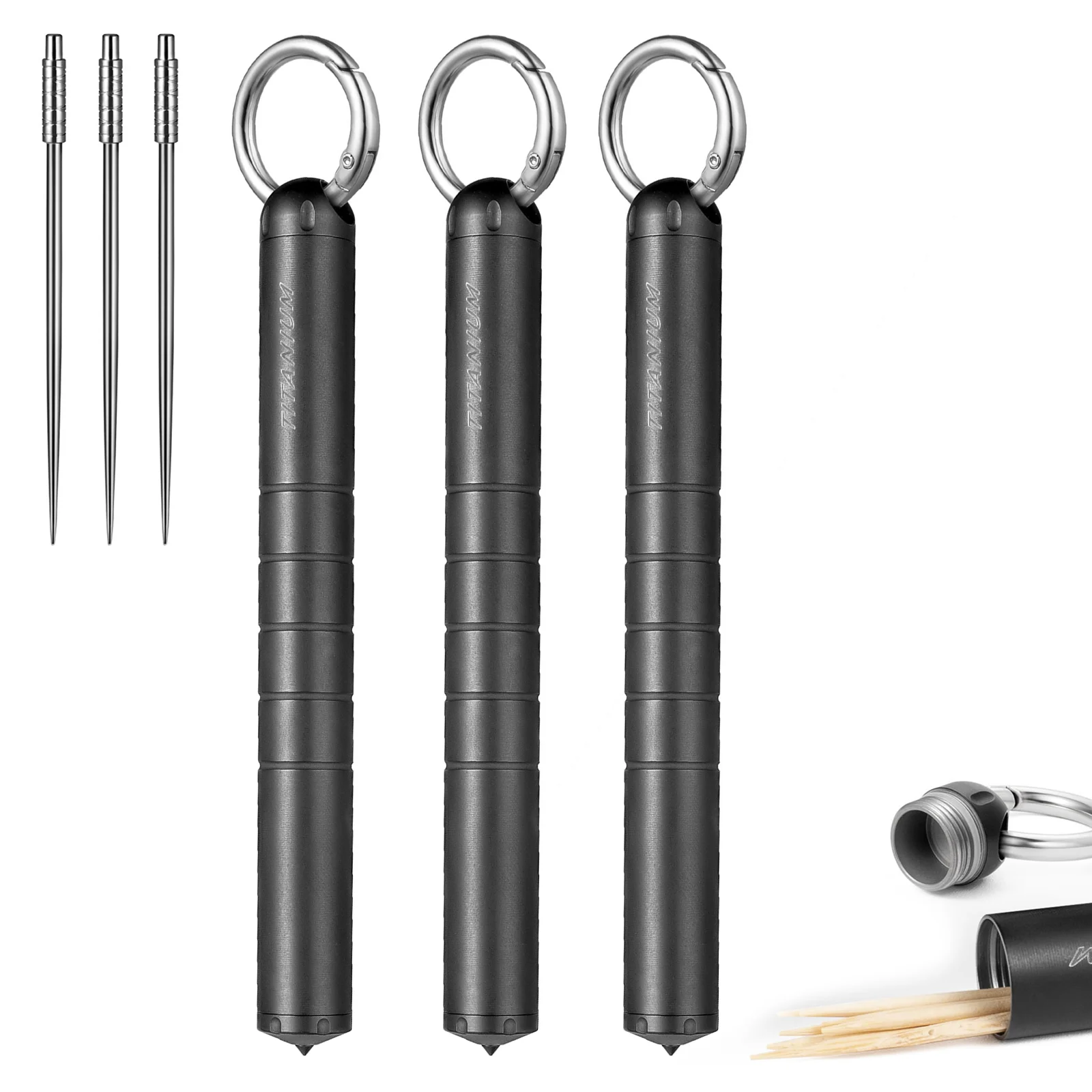 Tempat Pil TISUR dengan Tusuk Gigi, Tempat Pil Gantungan Kunci Titanium Pertahanan Diri Multi Fungsi EDC Dibawa Setiap Hari untuk Pria