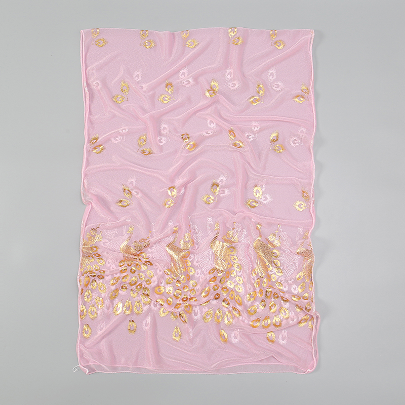 Eleganter Pfau bedruckter Hijab Gold Glitter Polyester Schal für Frau einfarbige Schals Sommer Sonnenschutz Stirnband 170*60cm