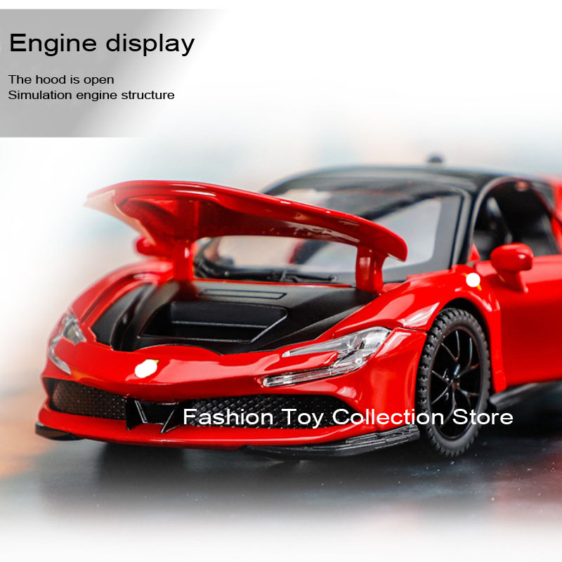 1: 32 Ferari SF90 Modelo de carro de liga de alta simulação Diecasts Toy com som e luz puxar para trás veículos decoração brinquedos para crianças