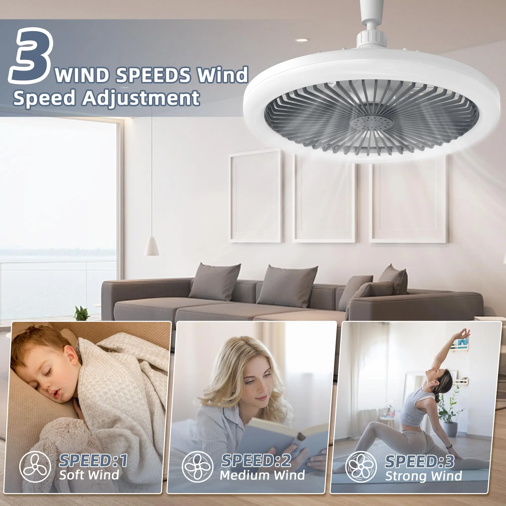 IRALAN Moderner Deckenventilator mit Licht, LED-Ventilator, Licht E27, Schraubenventilator, Licht, Fernbedienung, Ventilator, Decke, Raumdekoration