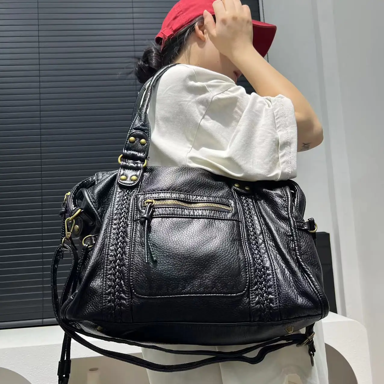 Moda damska retro Y2K gorąca dziewczyna torba motocyklowa o dużej pojemności sprana torebka na ramię typu crossbody