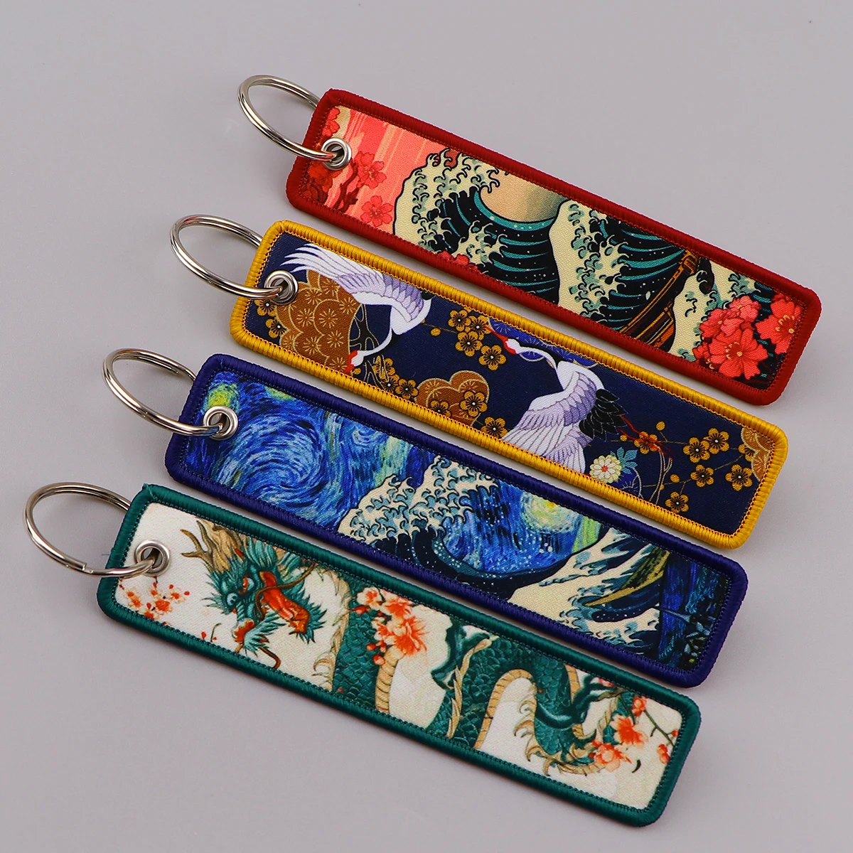 Llaveros bordados de Van Gogh, etiquetas para llaves de ondas japonesas, llavero para motocicletas, coches, accesorios, joyería, regalos Chaveiro