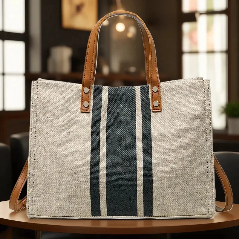 Eenvoudige damestas met grote capaciteit, casual schoudertas, canvas gestreepte decoratieve emmervormige handtas, handtas met handvat aan de bovenkant