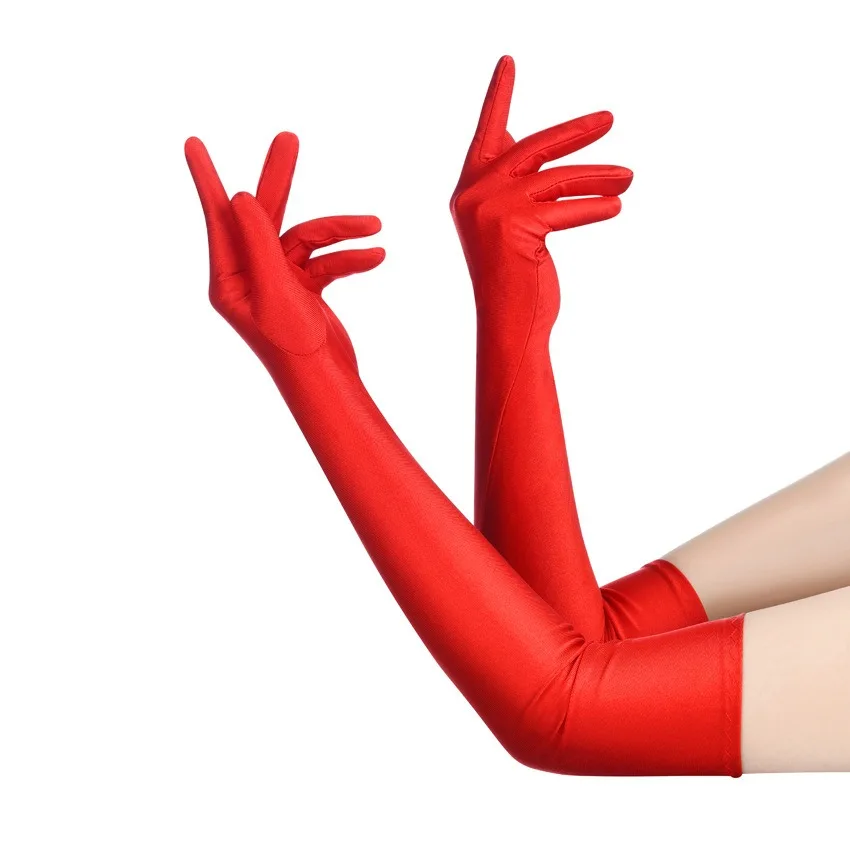 Guanti da donna con dita al gomito in spandex ad alta elasticità Accessori lunghi per spettacoli di nozze in discoteca per feste in nero bianco rosso
