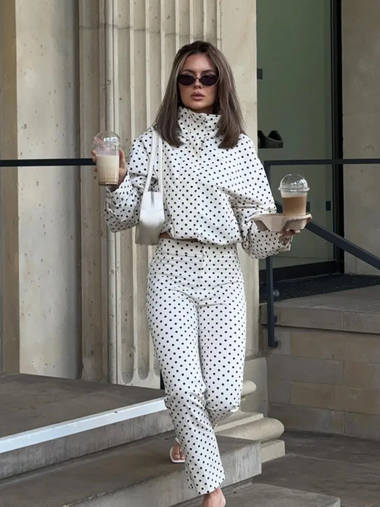 HH Mulher Outono Mangas Compridas Gola Alta Zíper Com Bolsos Cordão Casacos Casuais Mulheres Moda Polka Dot Impresso Jaqueta