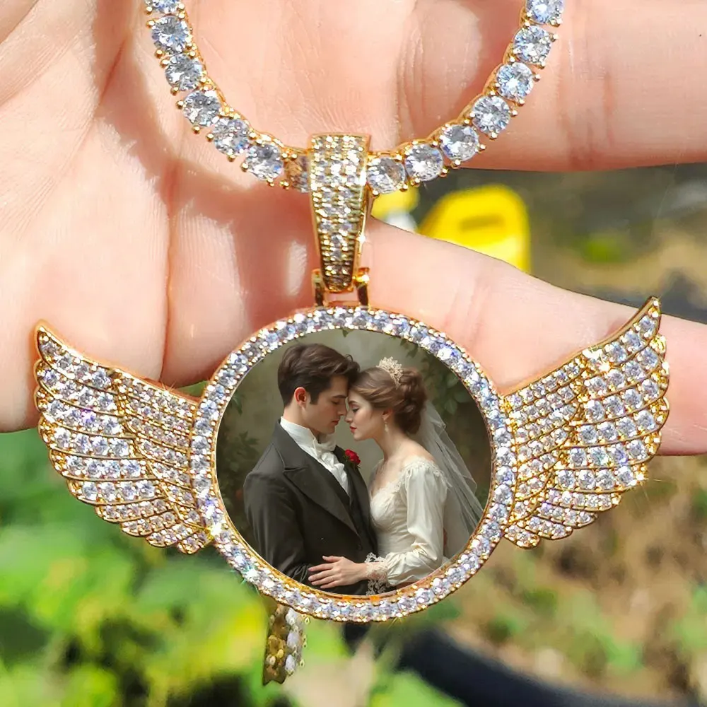 CUSTOM Angel Wing รอบหน่วยความจําสร้อยคอผู้ชายผู้หญิงเครื่องประดับส่วนบุคคลที่กําหนดเองภาพจี้ Charm เทนนิส CHAIN