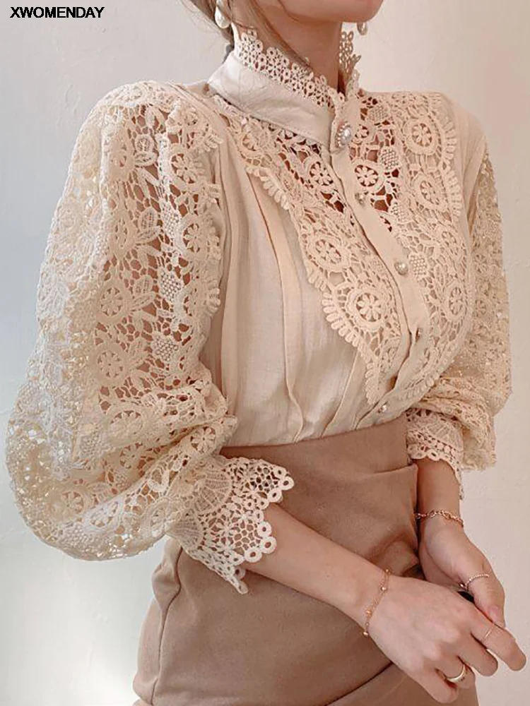 Camisa feminina de chiffon com gola alta chique elegante floral de renda fofa blusa longa de manga comprida oca grande 2024