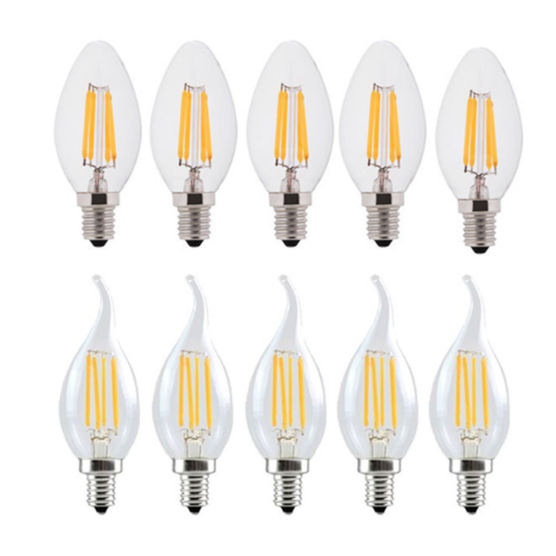10PCS LED 필라멘트 전구 E14 E27 E12 C35 C35L 220V 110 4W 6W 따뜻한 흰색 디밍이 가능한 유리 360 학위 에디슨 레트로 촛불 라이트 Blubs